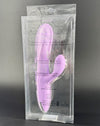 silicone thrusting dildo from velvet thruster shown in transparent clear product carton
